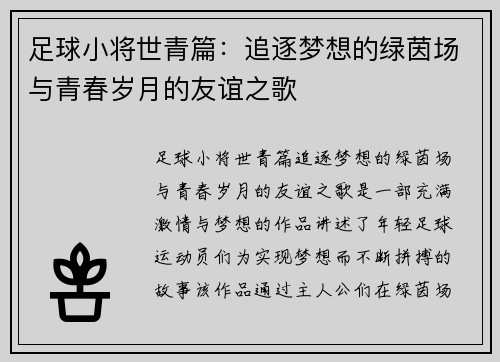 足球小将世青篇：追逐梦想的绿茵场与青春岁月的友谊之歌