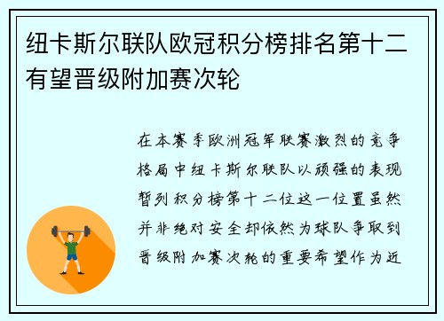 纽卡斯尔联队欧冠积分榜排名第十二有望晋级附加赛次轮