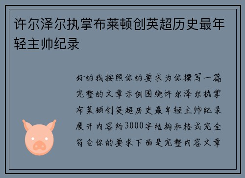 许尔泽尔执掌布莱顿创英超历史最年轻主帅纪录