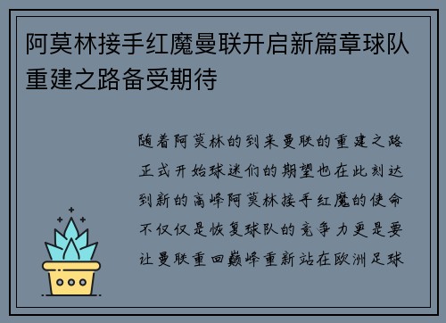 阿莫林接手红魔曼联开启新篇章球队重建之路备受期待
